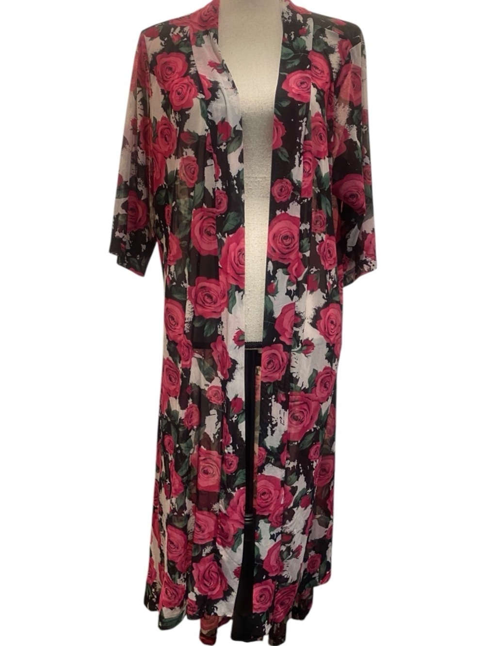 Women’s Rose Print Long Duster Kimono Layering Cardigan Black Pink New Size M/L